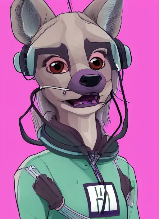 Image similar to digital detailed full body of anthromorphic female hyena, in style of zootopia, zootopia, zootopia, fursona, furry, furaffinity, 4 k, deviantart, furry art, fursona art, wearing astronaut outfit, in style of zootopia, hyena fursona, cyberpunk, female, detailed feminine face,