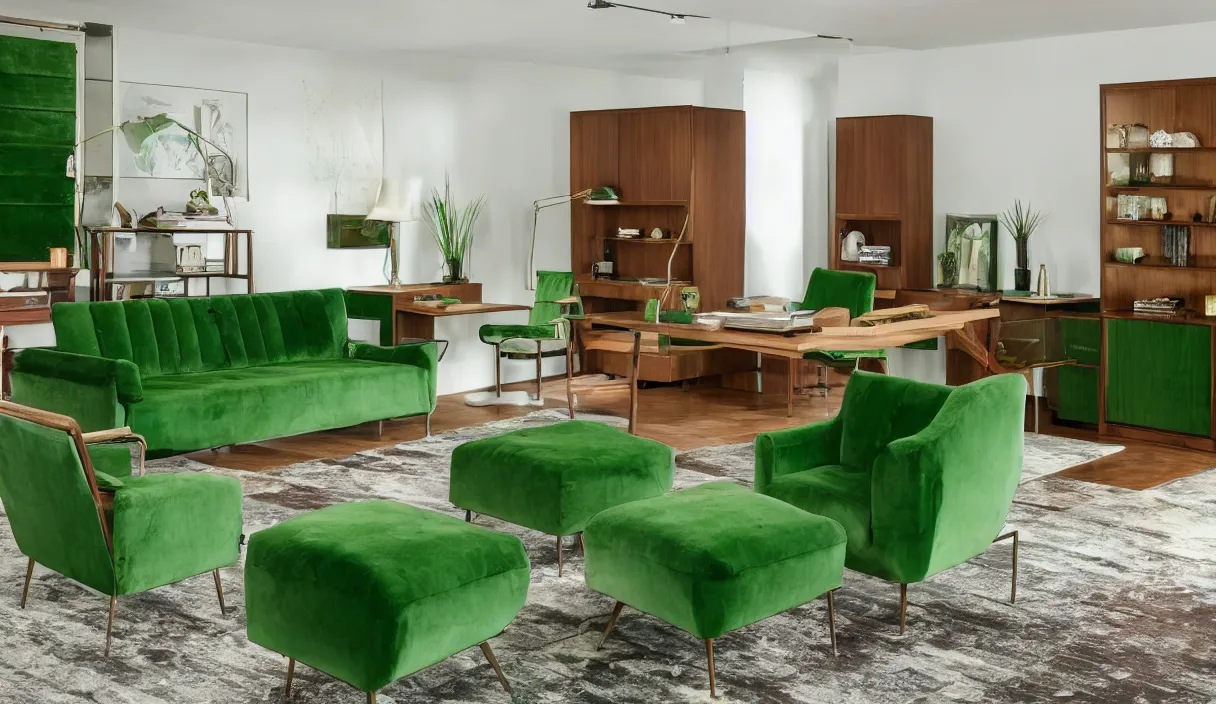 Prompt: a still of severance series indoor 7 0 s green velvet and wood with metal furniture office scenario appearing as a 7 0 s prisunic catalog, in color