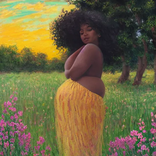 Image similar to pregnant black woman with curly hair in a vast field of flowers, laying down, a tiny black puppy running around, golden hour, vintage, impressionist painting, fine art, oil painting, dreamy, pastel, laughing, happy, intricate details, sharp, peaceful, serene