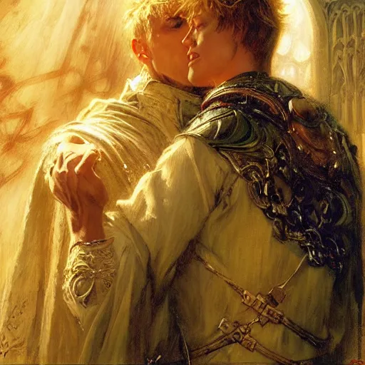 Image similar to stunning arthur pendragon in love with stunning male merlin the mage. they are close to each other. highly detailed painting by gaston bussiere, craig mullins, j. c. leyendecker