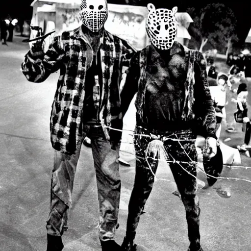 Prompt: Freddy Kruger and Jason voorhees together having fun at a carnival, campy photo