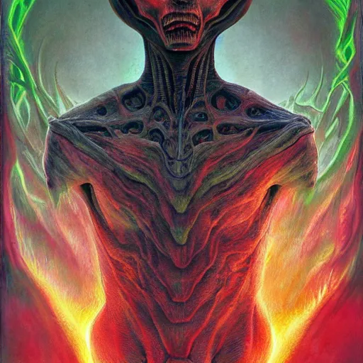 Image similar to realistic alien medium shot portrait with horns, green. red eyes, human eyes, background flames, by wayne barlowe