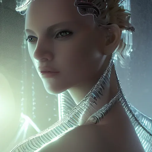 Prompt: beautiful pragmatic face, crystal, platinum, copper, biomechanoid with incredible iridescent pearlescent voluminous fiberoptic hair, crystalline masterpiece implants, hyperdetailed face, elegant pose, movie still, intricate, octane render, cinematic forest lighting, unreal engine, dieselpunk setting, crepuscular rays, god rays.