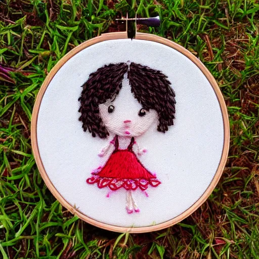 Image similar to a tiny beautiful handmade embroidery of a little girl with brown curly hair. hand embroidery.