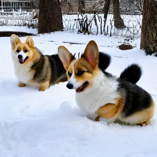 Prompt: 8k highly detailed photograph of the five most adorable Corgi Puppies playing in snow in my backyard, natural lighting,