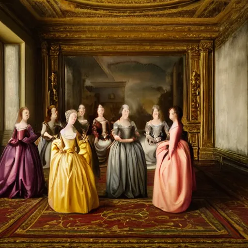 Image similar to fine art, oil on canvas. six women in a vast castle lobby wearing fine clothes, two of them are drinking tea. dark room with light coming through the right side. baroque style 1 6 5 6. high quality realistic recreation of illumination shadows and colors, no distortion on subject faces.
