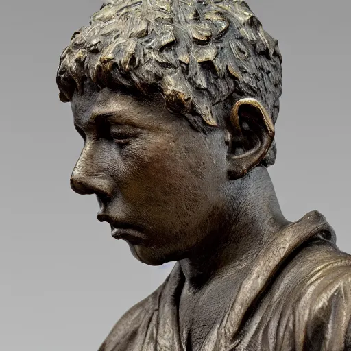 Image similar to high resolution photograph of a bronze cast sculpture of a sad peasant boy in the style of carl spitzweg