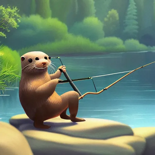 Image similar to painting of otter-fishman with fishing rod, stylized, octane render, morning forest river, Ghibli style, godraze, volume light