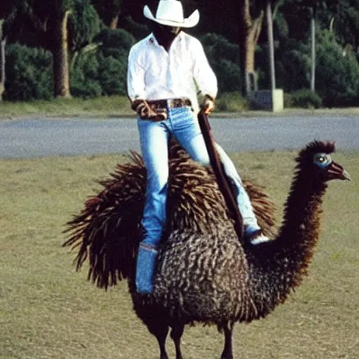 Prompt: michael jackson riding a emu with a cowboy hat on