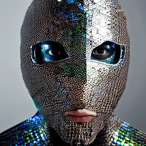 Prompt: a portrait of a beautiful young male wearing an alexander mcqueen armor made of holographic origami , photographed by andrew thomas huang, artistic