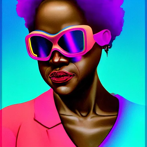 Image similar to viola davis wearing opaque reflective goggles profile picture by Greg Rutkowski, brown skin, long afro hair, asymmetrical, futuristic, neon volumetric lights, cool colors, streetwear, studio ghibli, Organic Painting , Matte Painting, geometric shapes, hard edges, street art, trending on the artstation, fantasy LUT, realistic by Sachin Teng + Martin Grip + Moebius, techwear, Industrial Scifi, detailed illustration, character portrait,