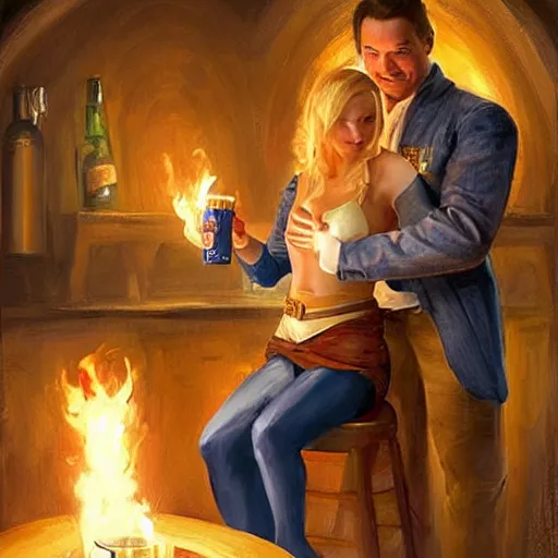 Image similar to blonde woman and Jango Fett drinking beer in a cellar, romantic, cozy, inviting, love, torches, painting by Vladimir Volegov