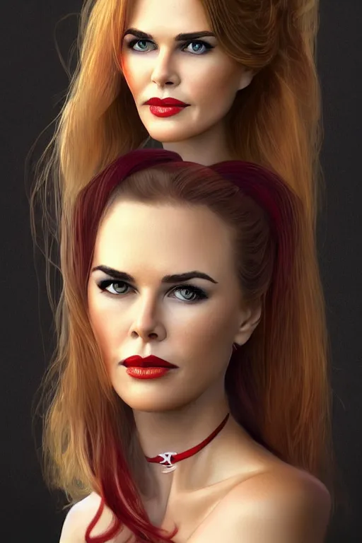 Image similar to mix of beautiful young maria shriver, mariel hemmingway, brooke shields, nicole kidman and elle macpherson as a snake girl with fangs, thin lips, hair tied up in a pony tail, dark blonde hair, colorful, artstation, cgsociety