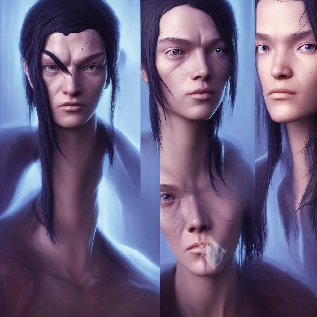 Image similar to 2 0 7 7 prototype face avatar portrait with ribbed face by rutkowsky and charles vess and james jean and erik jones and rhads, inspired by ghost in the shell, 3 d octane render, beautiful fine face features, intricate high details, sharp, ultradetailed, artistic photography