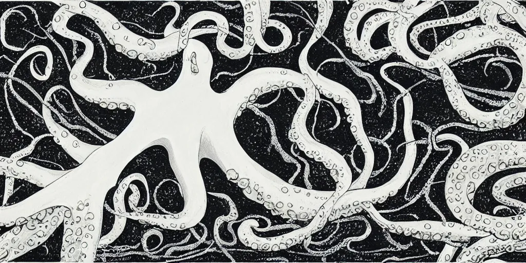 Prompt: a white octopus in a black sea - h 7 6 8