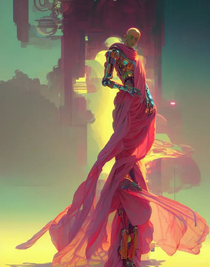 Image similar to a robot monk wearing a flowing cloak, vaporwave aesthetic, colorful, psychedelic, digital painting, artstation, concept art, smooth, sharp focus, illustration, art by artgerm and greg rutkowski and alphonse mucha