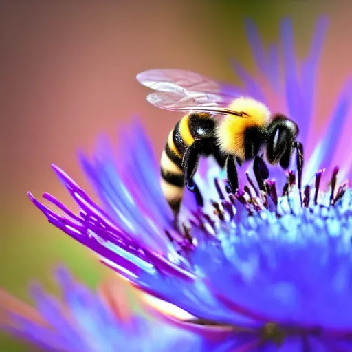 Prompt: a bee landing on a burning blue flower, the forest is on fire, there is fire everywhere, macro photography