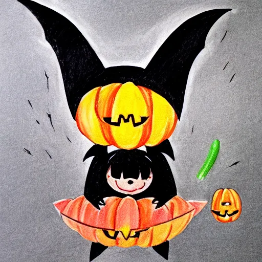 Image similar to drawing of a cute kawaii bat carrying a pumpkin marker on whiteboard