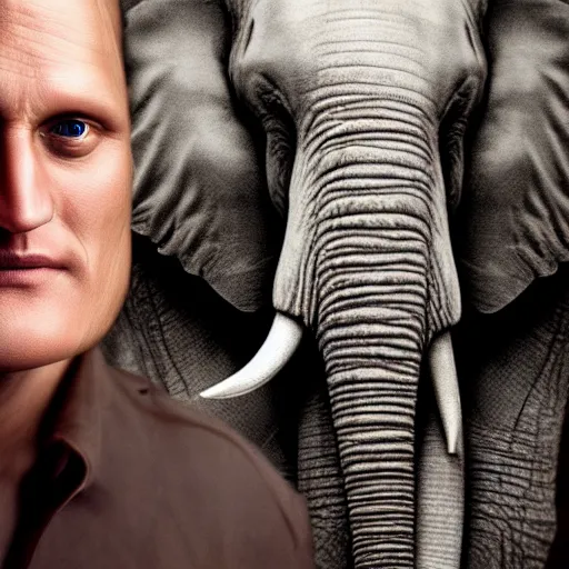 Prompt: Woody Harrelson with elephant's trunk, elephant man chimera, digital art, artstation