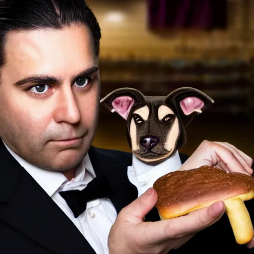 Image similar to Close up portrait of a clean-shaven chubby man with long black hair wearing a brown suit and necktie with a bakery in the background. Photorealistic. Award winning. Dramatic lighting. Intricate details. UHD 8K. He looks guilty and is giving puppy dog eyes.