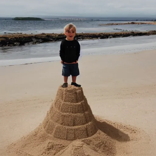 Image similar to kid standing on top of a huge sandcastle