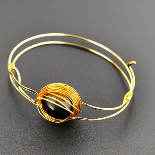 Prompt: archaic Primitive Gold Bangle, 14K Gold Wire, Single Center sinister tungsten rock , Shungite Bangle, Mineral and Gold Jewelry, Product Photography