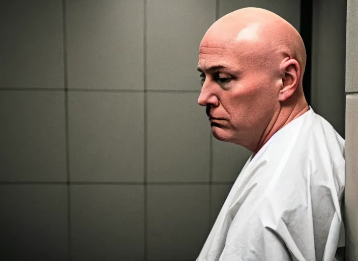 Image similar to photo of bald!!! donald trump!!! donald trump trump shaved head no hair!!! no hair!!! old white pasty skin sitting in a jail cell!!! wearing an!!! orange jumpsuit!!!, defocused bars in the foreground, 8 k, 8 5 mm f 1. 8