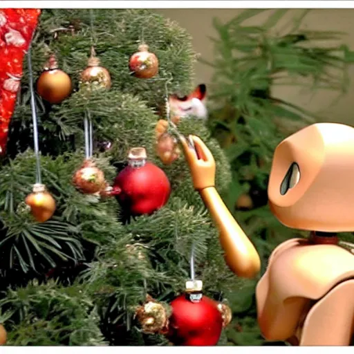 Image similar to capuchin monkey putting christmas tree ornament on christmas tree, standing next to humanoid robot, living room, 2 0 0 6 youtube video