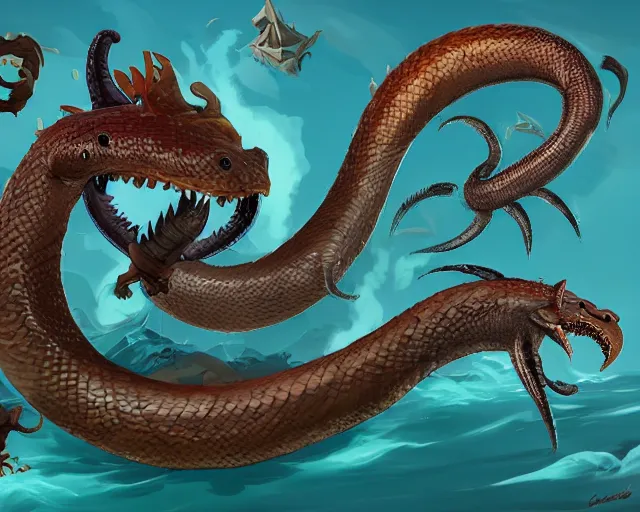 Image similar to sea of thieves animal boss character concept art for a gigantic sea serpent snake leviathan, cgsociety, trending on artstation, rare ltd,