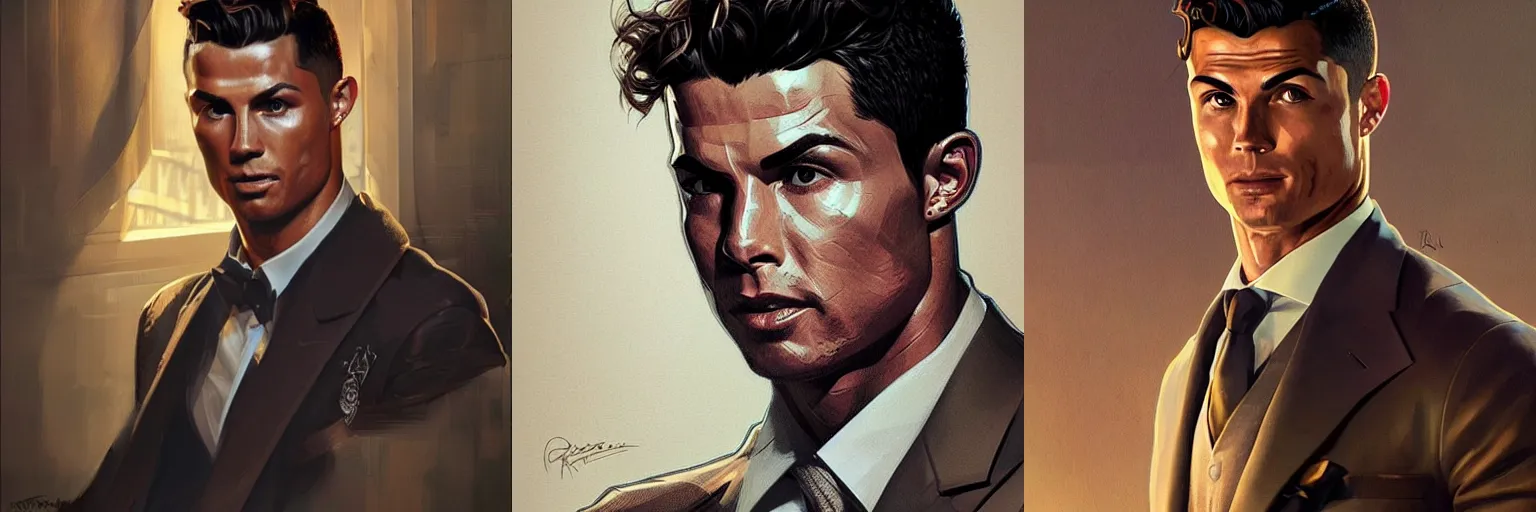 Prompt: portrait of Cristiano Ronaldo as a detective, highly detailed, digital painting, artstation, concept art, sharp focus, illustration, art by artgerm and greg rutkowski and alphonse mucha