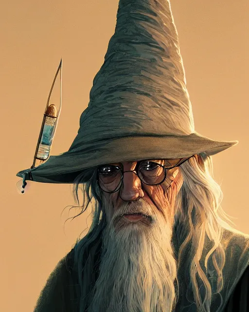 Image similar to portrait of gandalf smoking bong, intricate abstract. intricate artwork, by tooth wu, wlop, beeple, dan mumford. concept art, octane render, trending on artstation, greg rutkowski very coherent symmetrical artwork. cinematic, key art, hyper realism, high detail, octane render, 8 k, iridescent accents