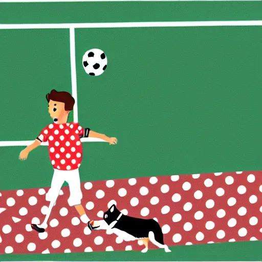 Prompt: illustration of french boy in paris playing football against a corgi, the dog is wearing a polka dot scarf