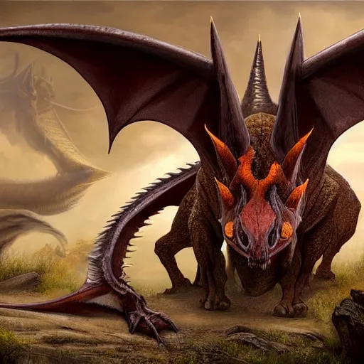 Prompt: a matte painting of a dragon, Piercing amber eyes sit low within the creature's narrow, horned skull, which gives the creature a vicious looking appearance. One enormous central horn sit atop its head, just above its enormous, curved ears. Small fan-like skin and bone structures runs down the sides of each of its jaw lines. Its nose is pointy and has two short, curved nostrils and there are small crystal growths on its chin. Several rows of large teeth poke out from the side of its mouth and give a preview of the terror hiding inside.