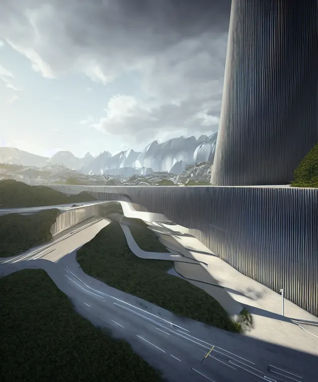 Image similar to denis villeneuve establishing shot of modern bjarke ingels condo building and gotthard tunnel entrance combined, roads tunnel under bjarke ingels condo building, lush environment, ray traced sunny raked lighting, scifi artstation digital concept art, unreal engine, hyper realism, realistic shading, cinematic composition, blender render, octane render, wide shot