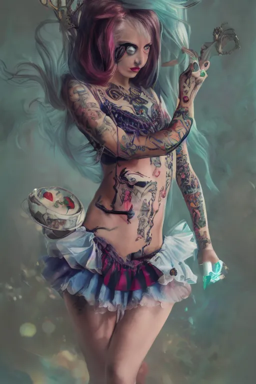 Image similar to Beautiful female, full body, Alice in wonderland, punk rock, piercings, tattoos, skirt, midriff, dramatic lighting, cinematic, establishing shot, extremely high detail, foto realistic, cinematic lighting, post processed, concept art, high details, cinematic, 8k resolution, beautiful detailed, photorealistic, digital painting, artstation, concept art, smooth, sharp focus, artstation trending, octane render, unreal engine