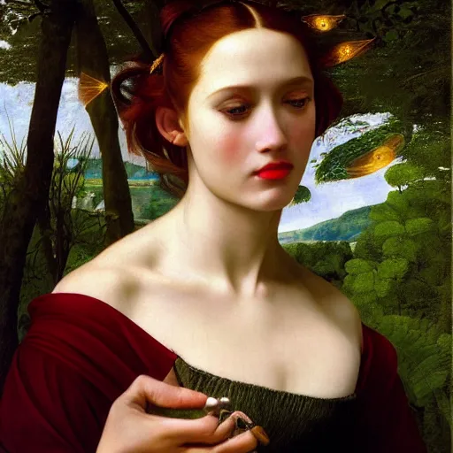 Image similar to portrait of a young woman, among the lights of golden fireflies and nature, long loose red hair, intricate details, deep green eyes, hint of freckles, round gentle face, cheeky smile with red lips, deep focus, smooth, sharp, golden ratio, hyper realistic art by artemisia lomi gentileschi and caravaggio and artgerm