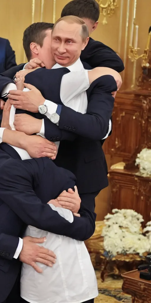 Image similar to Vladimir Putin gives Volodymyr Zelenskyy a warm and loving hug
