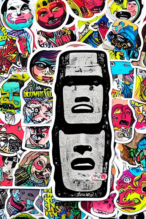 Image similar to sticker art, cronobreaker moai statue popart slap face caricature comic book illustration cartoon graffity street digital