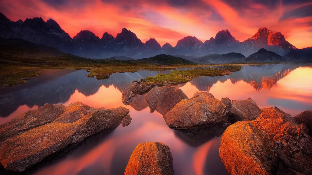 Image similar to amazing landscape photo of mountains with lake in sunset by marc adamus, beautiful dramatic lighting