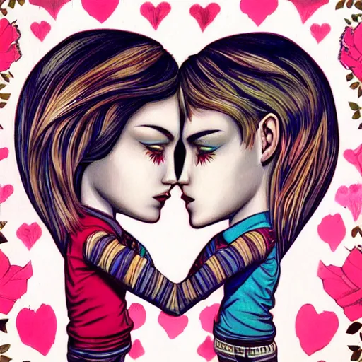 Prompt: perfectly centered symmetrical split male and female portrait of man and woman in love sharing one heart. art by jasmine becket griffith