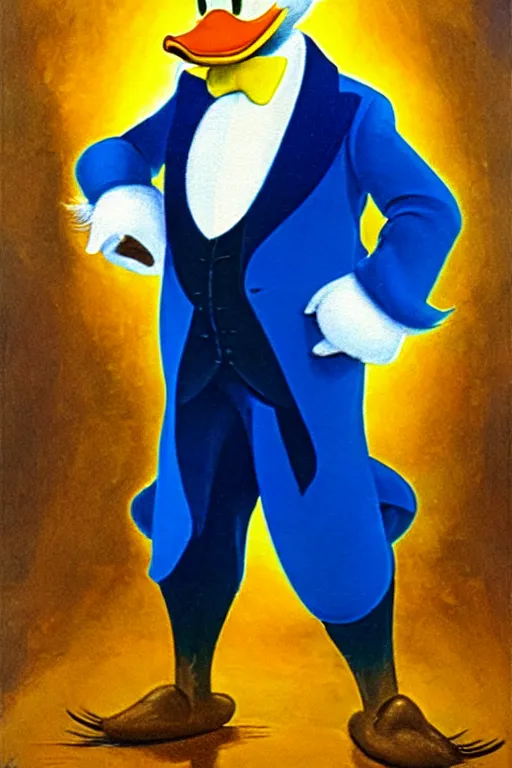 Image similar to Scrooge McDuck from the Duck Tales in blue costume standing on a mountain of golden gold and holding a cane, view from below, full body portrait including head, oil painting, highly detailed