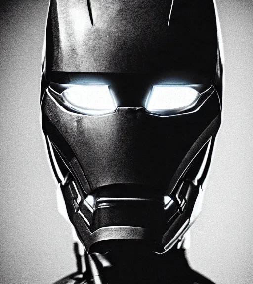 Image similar to Tom cruise wearing partial broken ironman mask only in pain and anger deep dark backlit night technoir cinematic monochromatic portrait photo by Leica Zeiss in detailed depth of field lens flare trending on Flickr realistic hd by frank Miller