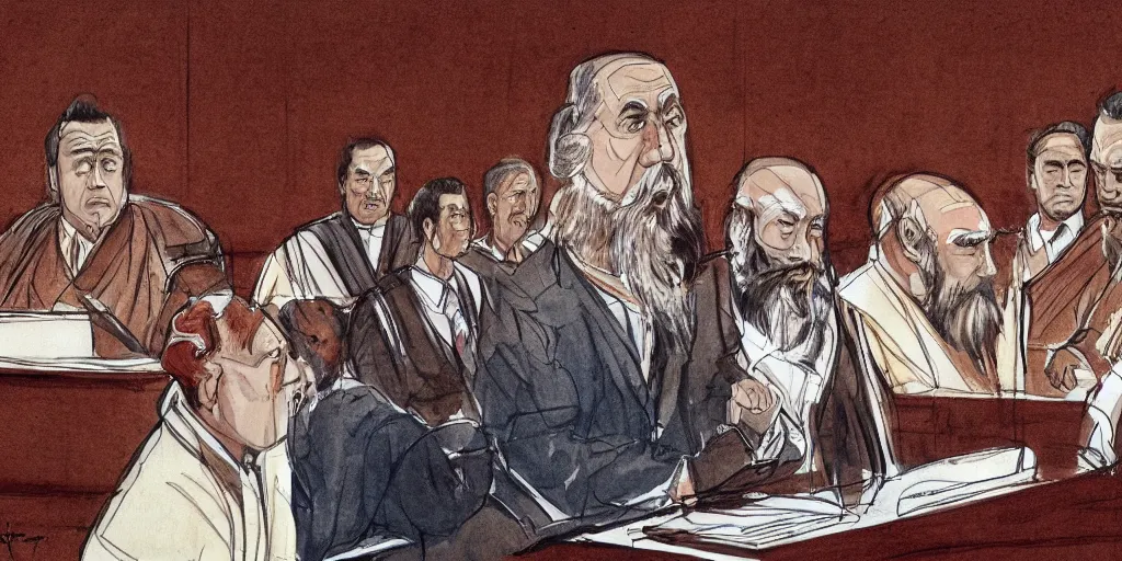 Image similar to Confucius and jury trial, a few suits afar, in the american courtroom sketch by Christine Cornell by Batton Lash by John M. Downs by Leo Hershfield, judge with face of clint eastwood, concept art