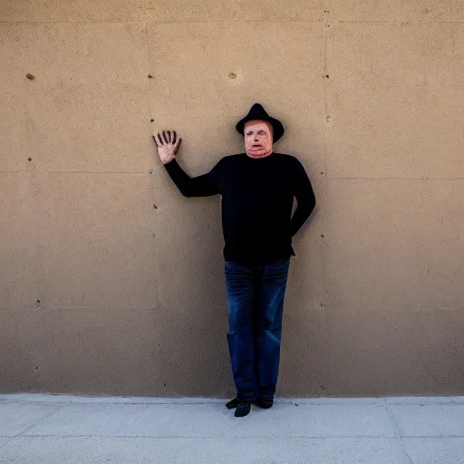 Image similar to Mike Myers (Actor/Comedian) gazing at the US-Mexican Wall, XF IQ4, f/1.4, ISO 200, 1/160s, 8K, RAW, unedited, symmetrical balance, in-frame