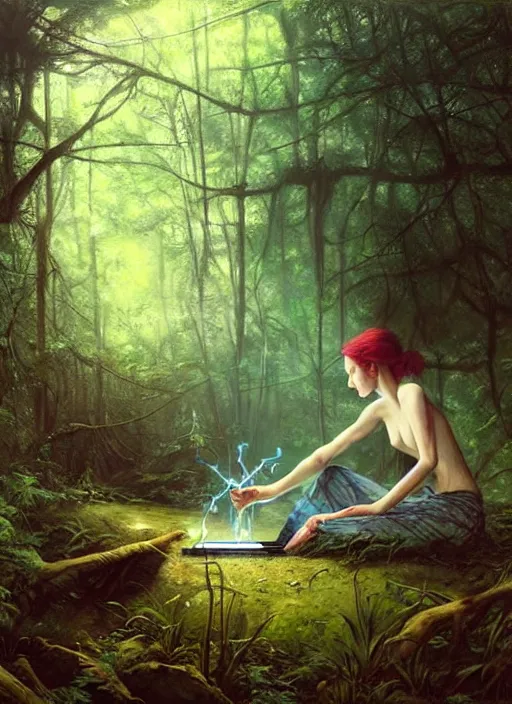 Image similar to computer in the woods by a stream, river gorgeous lighting, lush forest foliage blue sky a hyper realistic painting by chiara bautista and beksinski and norman rockwell and greg rutkowski, tom bagshaw weta studio, and lucasfilm