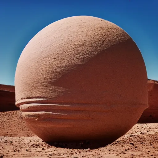 Prompt: an orb-like clay structure sitting in the desert, vintage photo, cinematography, blue sky