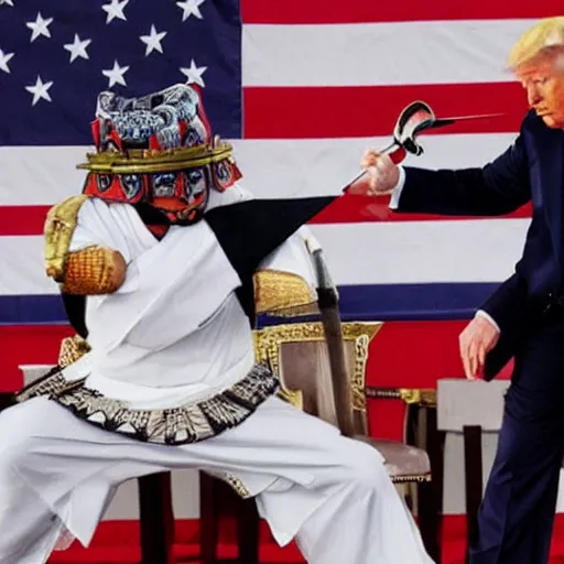 Image similar to donald trump fighting joe biden with samurai swords