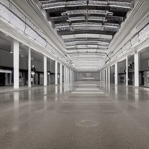 Image similar to an old creepy empty mall at night with only one light on