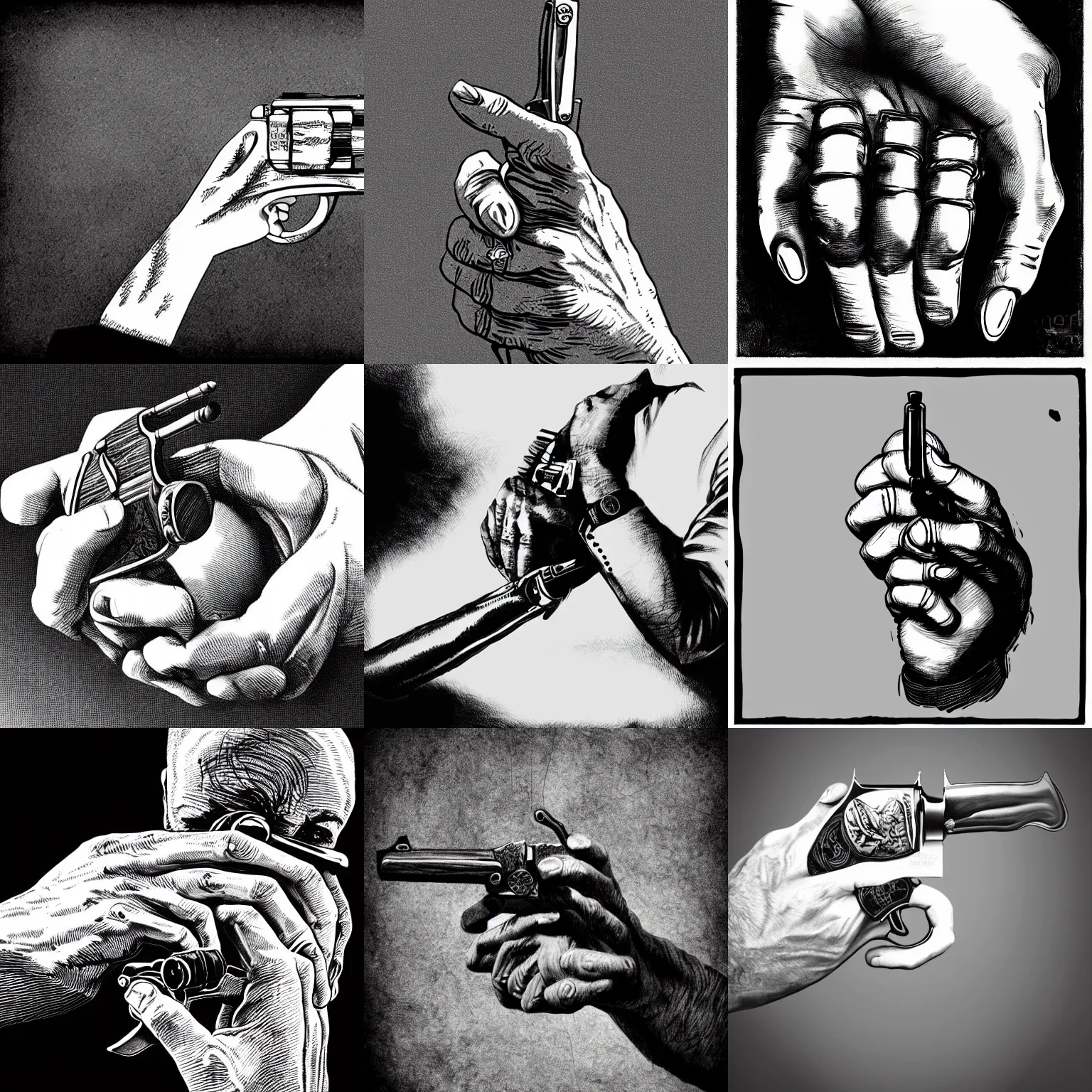 Image similar to pen and ink portrait of a hand gripping a revolver with its finger on the trigger, impressive scene. grainy and rough. black and white colour scheme. beautiful artistic detailed digital art