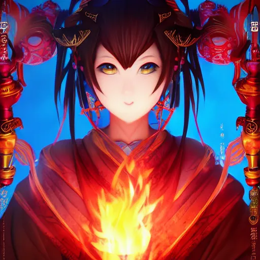 Image similar to portrait of nezha the god of flaming lotus, anime fantasy illustration by tomoyuki yamasaki, kyoto studio, madhouse, ufotable, square enix, cinematic lighting, trending on artstation